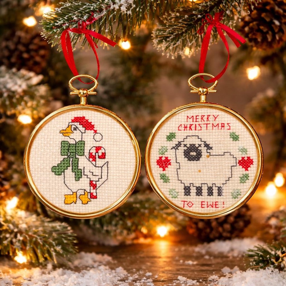 Vintage Cross Stitch Christmas Ornaments Set Goose Sheep Merry Christmas To Ewe